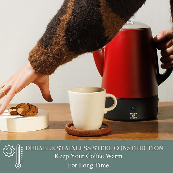 Moss & Stone Electric Coffee Percolator, Red Body with Stainless Steel Lid Coffee Maker, Percolator Electric Pot, Red Camping Coffee Pot 10 Cups Bundle With Set of 3 Double Wall Glass Cup Clear Mug, D