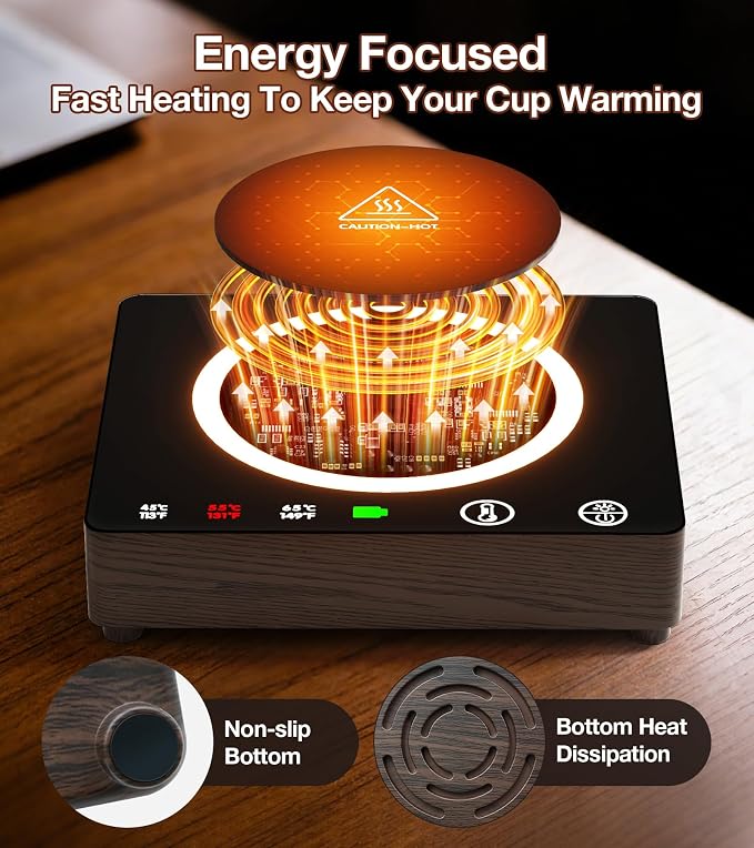 Mug Warmer, Cordless 180 Min Battery Life, 10000mAh Portable Charger, Wireless Coffee Cup Warmer for Desk, 3 Temp Settings, Smart Candle Heat Plate for Home, Office, Travel, Camping & Gifts