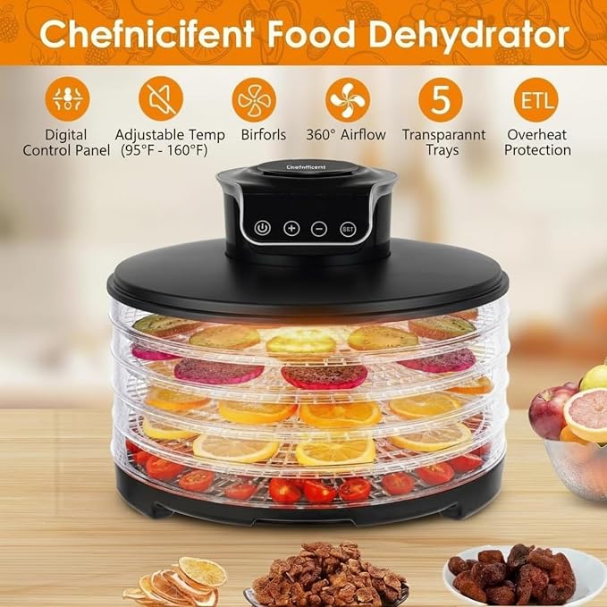 Food Dehydrator DryLite 245 – 5 Tray Adjustable, BPA-Free – 4-Hour Quick Drying, Even Heat, Easy Temp Control – Fruit, Veggie, Meat Jerky Maker (Black)