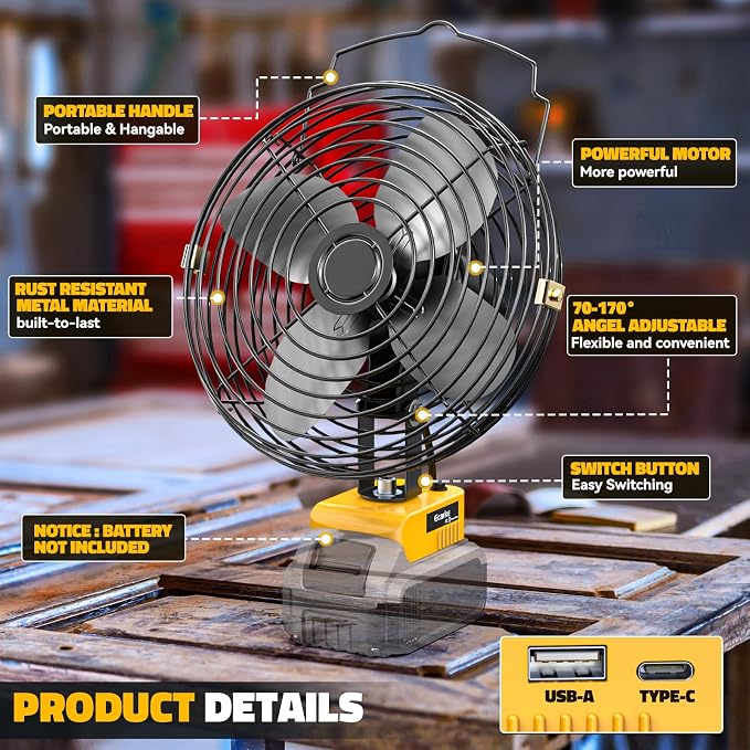 Ecarke 8 Inch Cordless Jobsite Fan Compatible with Dewalt Battery (Tool Only) 2-Speed Powerful Cooling Fans Portable Battery Fans with USB & Type-C Charging Port for Garage Basement Camping Fan
