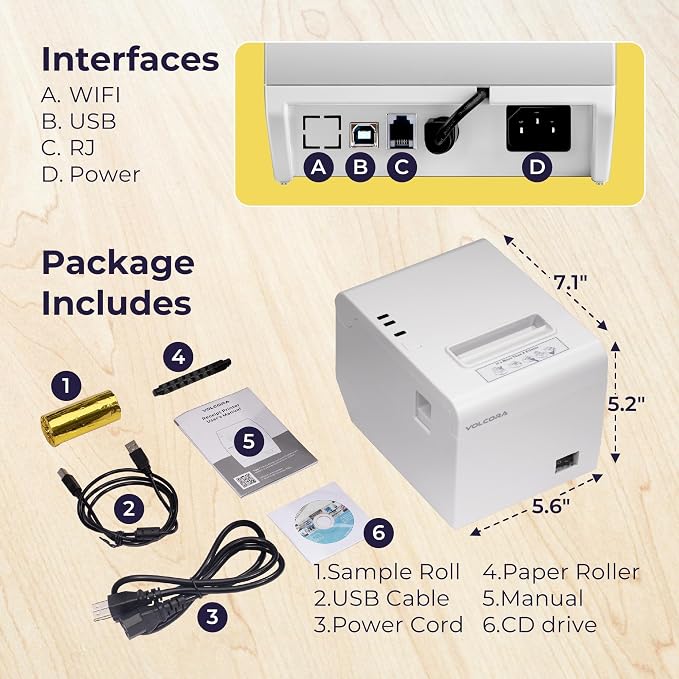 Volcora Thermal Receipt Printer, 80mm POS Printer w/Auto Cutter, USB/WiFi Interface for Windows/MAC/Linux, ESC/POS Command Support Cash Drawer, High Speed Kitchen Printer, Wall Mount (White)