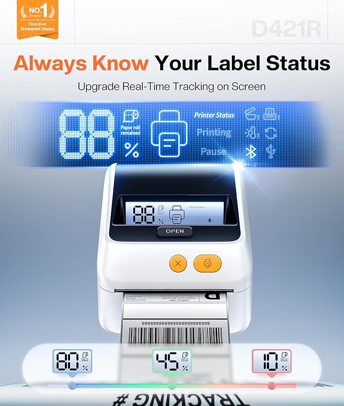 Phomemo D421R Bluetooth Thermal Label Printer with Screen for Paper Level Display - RFID Auto Size Detection 4x6 Thermal Printer with Segmented Code Screen with 250 Labels