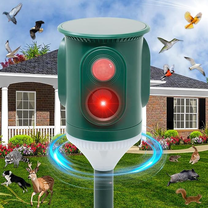Solar Ultrasonic Animal Repellent Outdoor 360° Motion Activated Pest Deterrent with Strobe Light, Waterproof Garden Protection for Cats, Dogs, Squirrels, Raccoons,Skunks, Rabbits, Coyotes