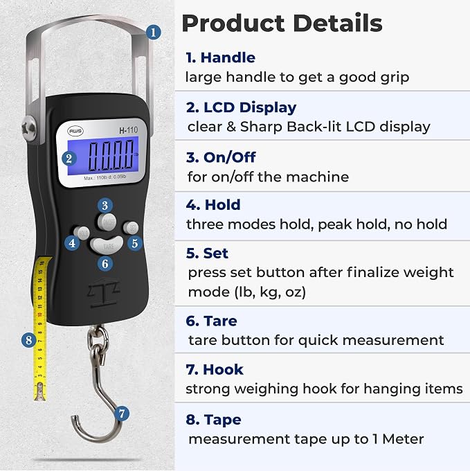 AWS Digital Luggage Scale, Fish Weighing Scale, Hanging Scale 110lb/50kg – Die-Cast Metal Construction, Built-in Tape Measure, Hook & Handle – for Travel, Fishing, Archery, Hunting, Outdoor (Black)