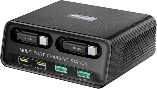 6-in-1 Retractable USB C Charger Block, 100W GaN Fast Charging Station for Multiple Devices with Dual Retractable Cables, PD 65W Compatible with MacBook Pro, Dell, Steam Deck, iPhone 17/16, Galaxy S26