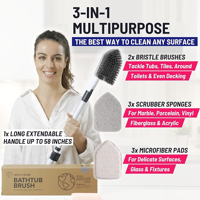 Moku Home Shower Scrubber 3 in 1 Extendable Long Handle 58" Cleaning Brush Bundle Value Pack - Non Scratch Shower Brush for Cleaning Bathroom Kitchen Toilet Wall Tub Tile Sink with 8 Refills (Gray)