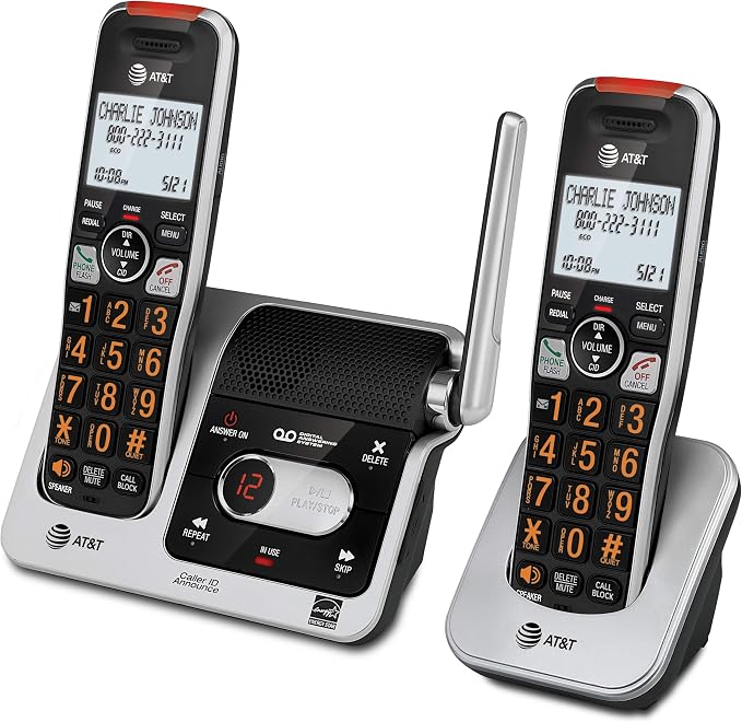 AT&T BL102-2 DECT 6.0 2-Handset Cordless Phone for Home with Answering Machine, Call Blocking, Caller ID Announcer, Audio Assist, Intercom, and Unsurpassed Range, Silver/Black
