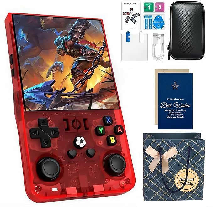 MYCHA R36MAX Retro Handheld Game Console Holiday Set with Accessory Kit - 4 Inch HD Screen, 128GB 21000 Classic Games, Portable Gaming for Adults (Red Set)