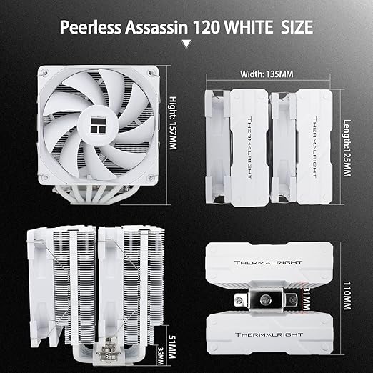 Thermalright Peerless Assassin 120 White CPU Air Cooler, 6 Heat Pipes, Dual CPU Fans,Dual Towers Cooler, 1550RPM±10%, for AMD: AM4/ AM5/Intel lga115x/1200/2011/1851/1700, No LED White