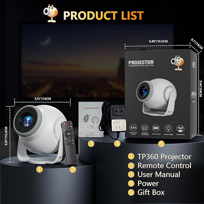 【8K Video Decode / Android 14.0】Mini Smart Projector with WiFi 6 and Bluetooth 5.4, 450 ANSI Support 4K 1080P, Portable Outdoor Movie Projectors, Auto Keystone Correction, 270° Rotatable Proyector