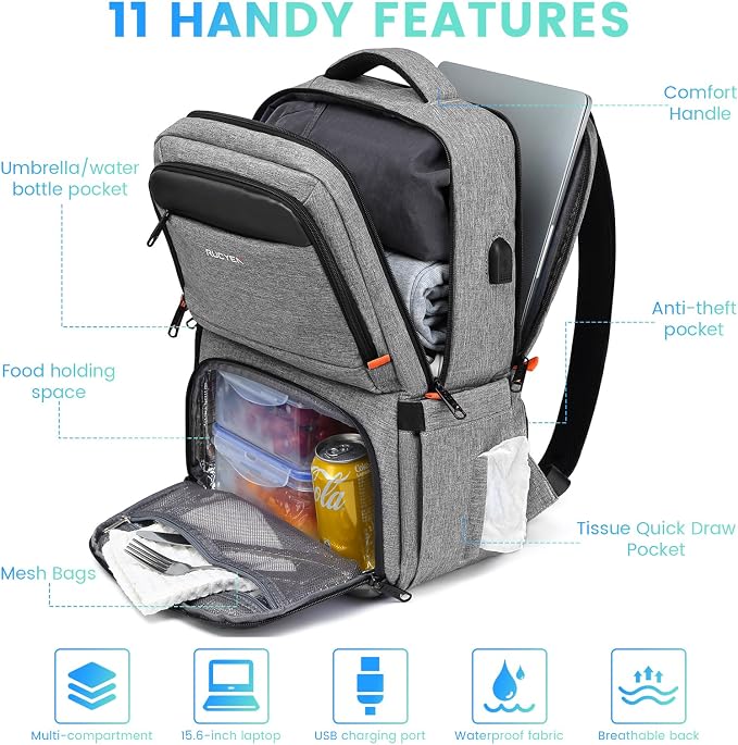 RUCYEN Lunch Backpack, Insulated Cooler Backpack Lunch Box for Men Women, 15.6 Inches RFID Blocking Laptop Backpack with USB Port for Work Travel Picnics Hiking Grey