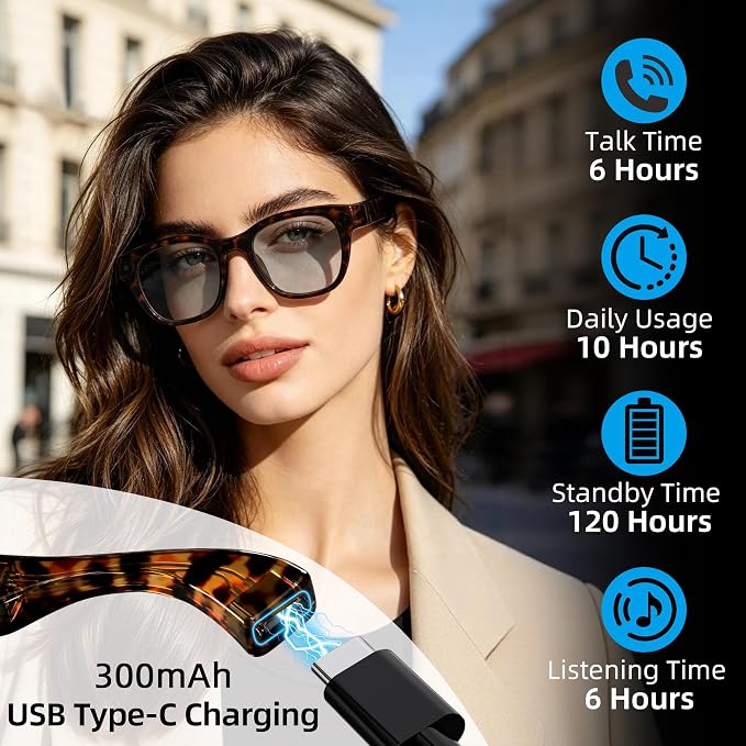 AI Smart Glasses with 13MP Camera & Real-Time Translation,4K HD Video Recording for Vlogging, Voice Assistant, Open-Ear Audio, Photochromic Lenses for Business and Travel.
