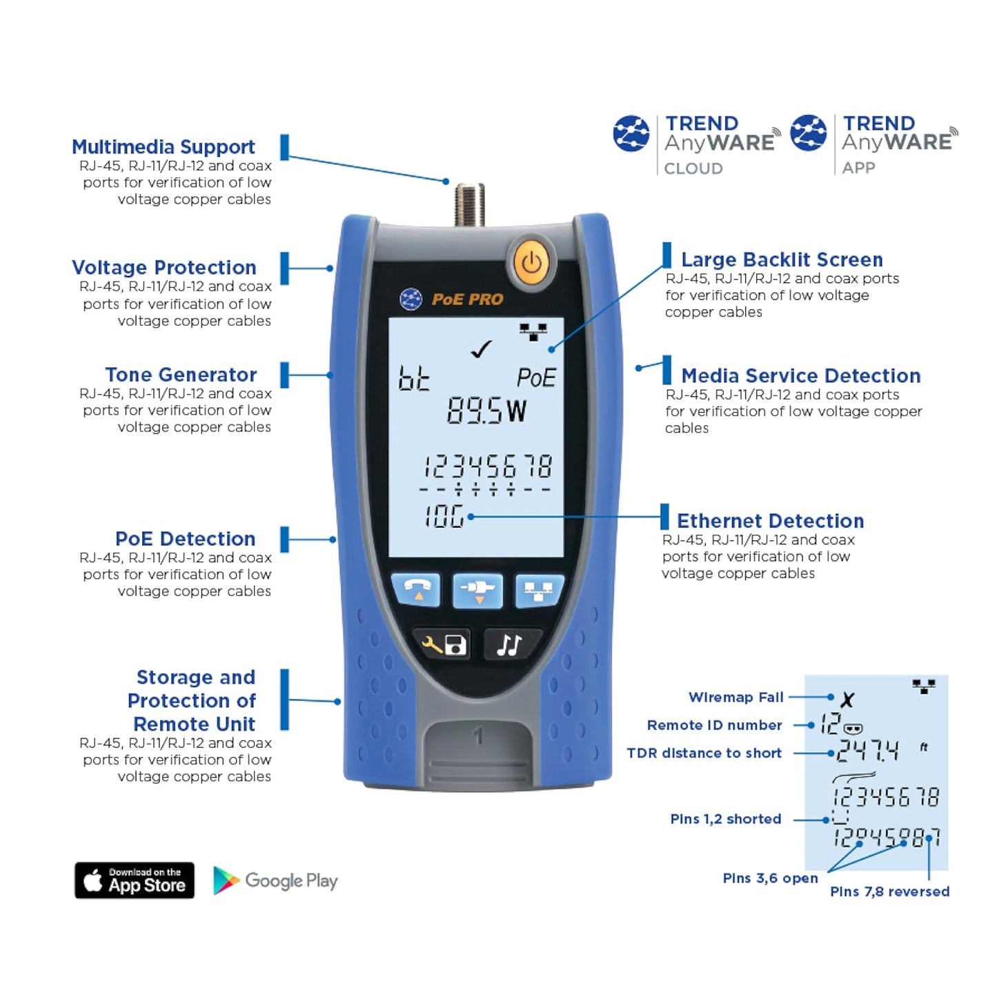 TREND Networks | R158006 | PoE Pro | Cloud Connected Data Cable and PoE Verifier | Includes Cable Testing Features of The VDV II PRO | Advanced Wiremap & Troubleshooting Tool