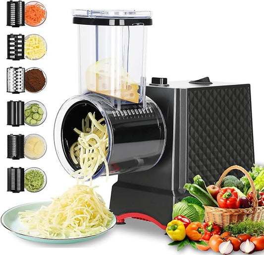 YOTAN Electric Cheese Grater, 250W Cheese Shredder Machine with 6 Stainless Steel Blades, One-Touch Electric Food Slicer for Cheese, Vegetables, Potatoes, Nuts and Meal Prep, Easy to Clean