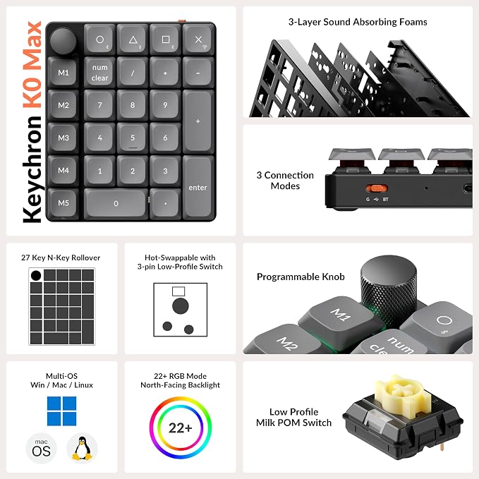 Keychron K0 Max Wireless Low-Profile Number Pad, QMK/VIA Programmable, Hot-Swappable Banana Switch, RGB Backlit, 2.4GHz & Bluetooth 5.3, 1000Hz Polling Rate, with Knob, for Windows/Mac