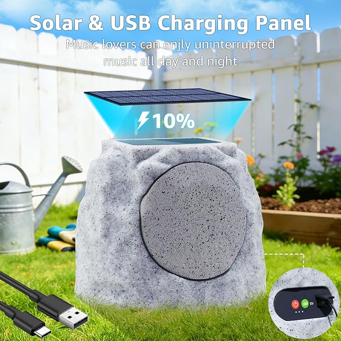 uuffoo 2-Pack Outdoor Rock Speakers Waterproof Patio with Lights Color,Multi-Sync Up to 100 Speakers&TWS Pair,Solar Powered and USB Rechargeable for Pool Party Yard Garden Outside