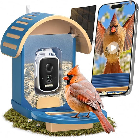 Smart Bird Feeder with Camera, 2.5K UHD Solar Powered WiFi Bird Watching Camera, AI Bird Species Identification, Instant Alerts, IP66 Waterproof Outdoor Wild Bird Feeder, Gift for Dad, Blue