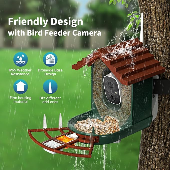 Smart Bird Feeder with Camera Solar Powered & AI Bi rd Identification, 2.4Ghz WiFi Bird feeders for Outdoors, 2K Live Video, Instant Arrival Alerts - Dark red-Green