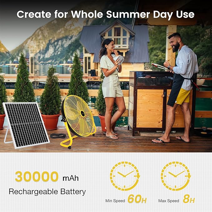Fanspex 20" Solar Rechargeable Floor Fan for Outdoor, 30000 mAh Battery Operated Fan with 35W Solar Panel Powered for Patio Gazebo Camping, 360° Tilt (21.2 ft/s Airflow)