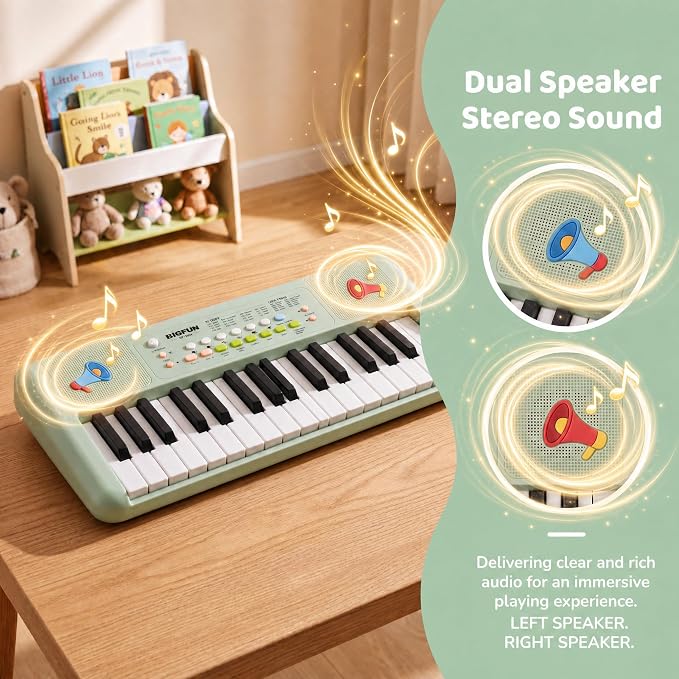 LeeQee 32 Keys Kids Keyboard Piano with Microphone, Double Speakers Toddler Piano Toy for Boys Girls Age 3-6, Portable Educational Musical Instrument, Birthday Gifts (Avocado Green)