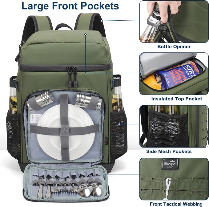 Cooler Backpack Insulated Waterproof for Men and Women, 2 Insulated Compartments Backpack Cooler for Beach Travel Camping, Portable Lightweight (Green, Large)
