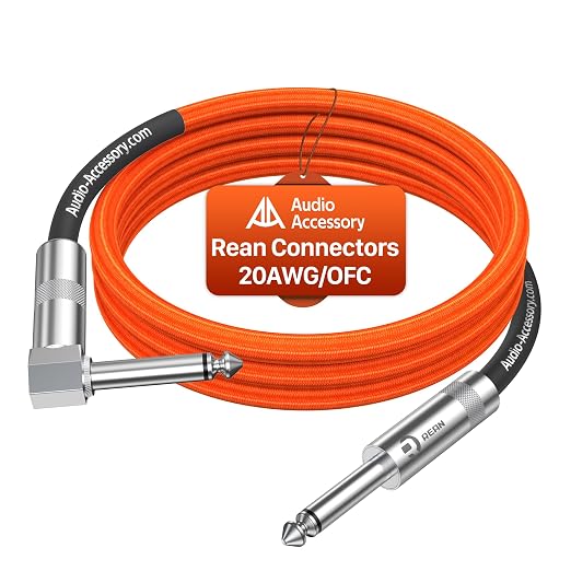 AA AUDIO ACCESSORY Right Angle Guitar Cable 6.6ft, Nylon Braided Kevlar-Reinforced, 20AWG 99.99% OFC 1/4 Instrument Cable, Dual Shielded Amp Cord for Fender Electric Guitar, Neon Orange