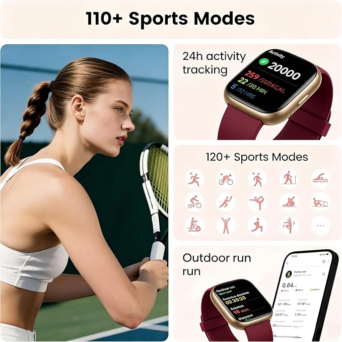 Smart Watch with Alexa Built-in, 1.83" Touchscreen Fitness Tracker with Bluetooth Call, Fitness Watch with Heart Rate/Sleep Monitor/120+ Sports, IP68 Waterproof Smartwatch for Android iOS, Burgundy