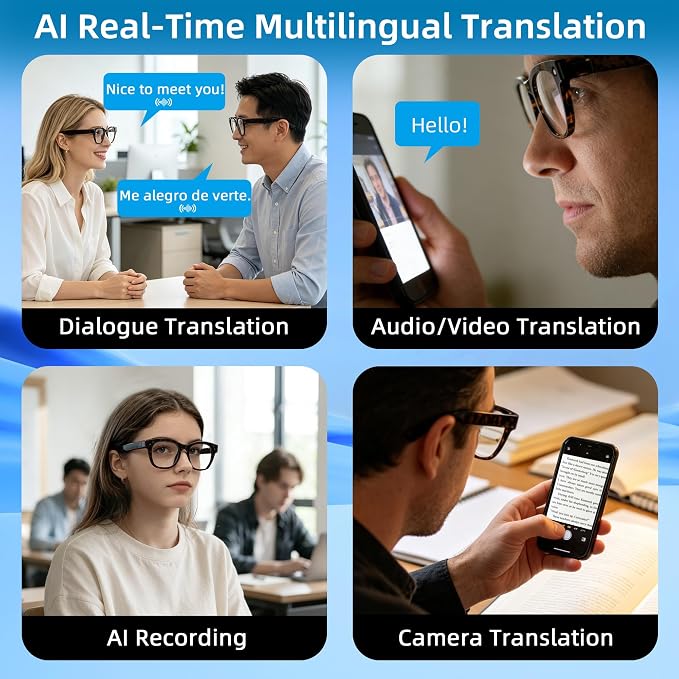 AI Smart Glasses with 13MP Camera & Real-Time Translation,4K HD Video Recording for Vlogging, Voice Assistant, Open-Ear Audio, Photochromic Lenses for Business and Travel.
