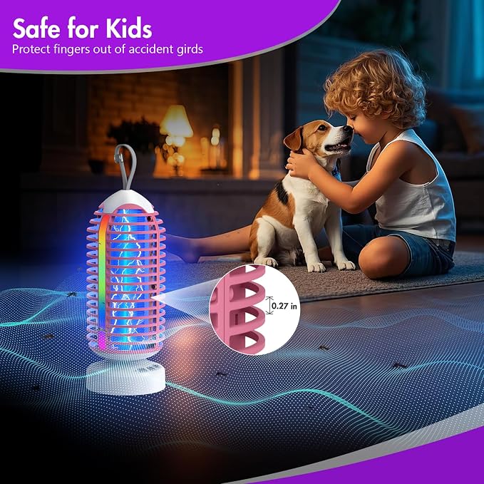 Bug Zapper Outdoor with Colorful Lighting and Auto-Sensing, 3 in 1 Cordless 4000mAh Battery Electric Fly Trap, Rechargeable Mosquito Zapper for Camping, Patios, Garden, Kitchen (2Pack-Pink)