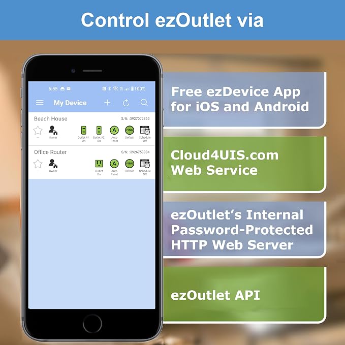 ezOutlet5-2R - Dual Outlet Internet Enabled IP & WiFi Remote Power Switch with Automatic Reboot - iOS | Android | Cloud | Google Home | 2 Web Controllable AC Power Outlets - Model EZ-73a