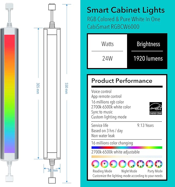 Smart Under Cabinet Lighting Plug In, RGB Multi Colored & White Work with Alexa, Google Assistant, APP, 12Inch Linkable LED Strip Lights Dimmable for Kitchen Counter, Shelf, Matte White Finished, 6PCS