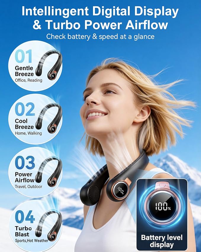 BNBZ Portable Neck Fan, 6000mAh Rechargeable Fan Blows Cold Air with LED Display, 4 Speeds, 20H Runtime, Quiet Wearable 360° Personal Cooling Fan for Outdoor Travel Work Gym,Fireplace Fans