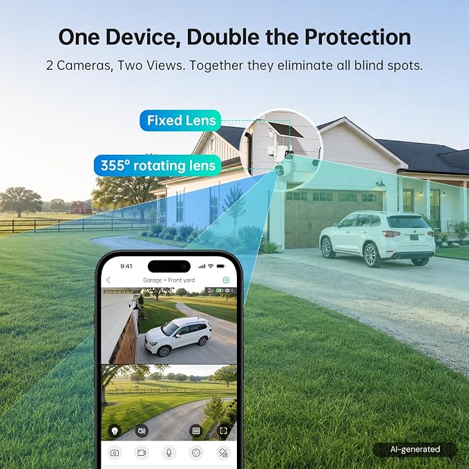 ELYSOO Dual Lens 4G LTE Cellular Security Camera, 2K HD Video, No WiFi Needed, 360° View Camera with Night Vision, Easy to Install, PIR Alarm, Built-in SIM Card(Supports Verizon/AT&T/T-Mobile) - White