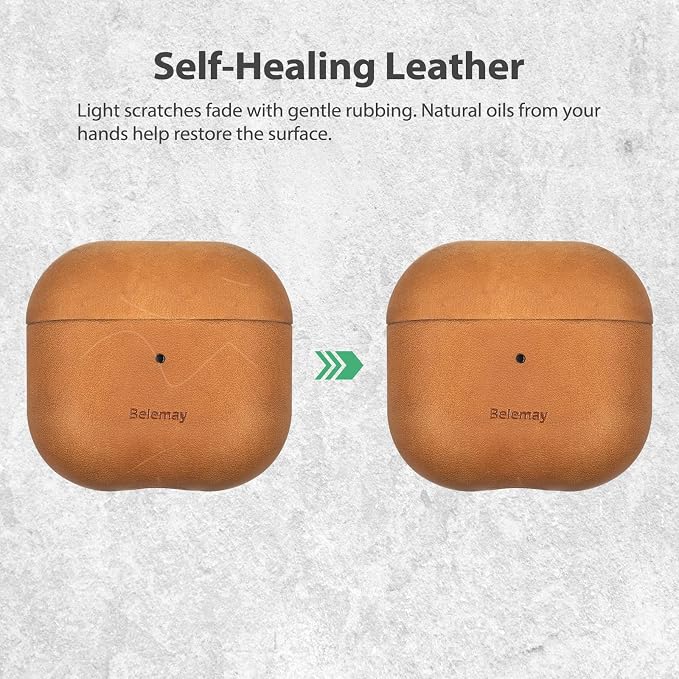 Belemay Handcrafted Crazy Horse Leather Case for AirPods 4 (2024), Vintage Aesthetic, Two-Tone Effect, Unique Patina, Compatible with MagSafe, Compatible with Airpods 4th Gen, Sunset Tan