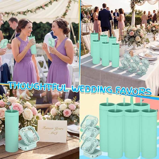 Reallnaive 12 Pcs Skinny Tumbler Bulk and Mini Portable Fans Set for Summer, 16 oz Plastic Cups with Lids Straws and Small USB Rechargeable Handheld Fan for Cooling Gift (Green)