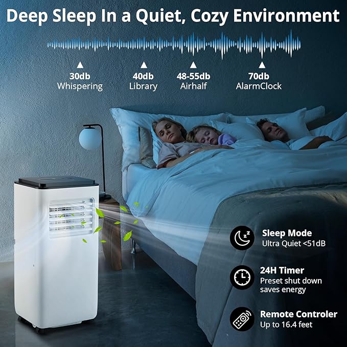 Portable Air Conditioners, 10000 BTU Portable AC, Cools up to 450 Sq. Ft 3-in-1 Mobile AC for Room with Dehumidifier Fan Sleep Mode, 24H Timer, Remote Control, and Window Installation Kit Included