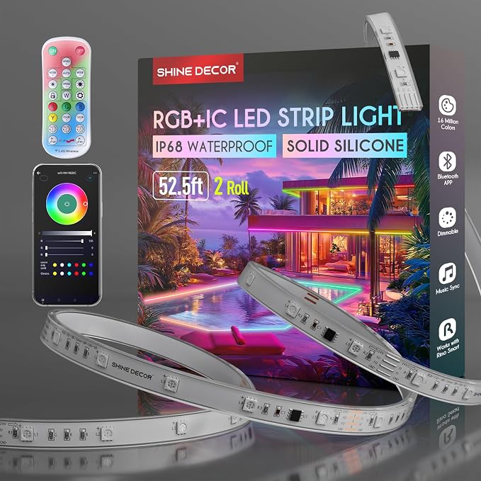 Shine Decor IP68 LED Strip Light 105 FT, DC 24V RGB+IC LED Strip Lights, Outdoor Rope Lights with Remote APP Control Music Sync, Color Chasing LED Lights Strip for Chrismas, Pool, Home Decor