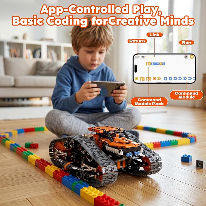 HPROMOT 2 in 1 STEM Crawler Robot Building Kit, App & 2.4G Remote Control Transformable Tracked Vehicle Coding Technic Blocks, Educational Engineering Science Gift for Boys Girls Ages 8-14