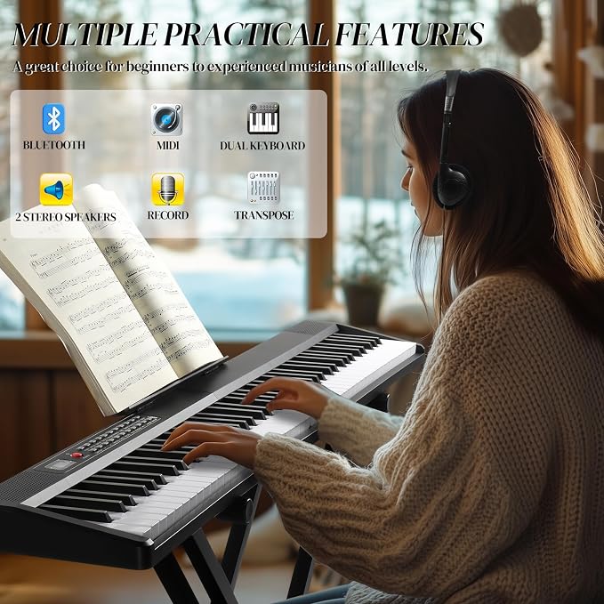 Ktaxon 88 Key Foldable Electronic Keyboard Piano Set, Semi-Weighted Electric Piano Digital Piano with Dual X Stand, 2 Bluetooth Mode, 1000 Rhythms, 1000 Tones and 50 Demos for Beginners Adults(Black)