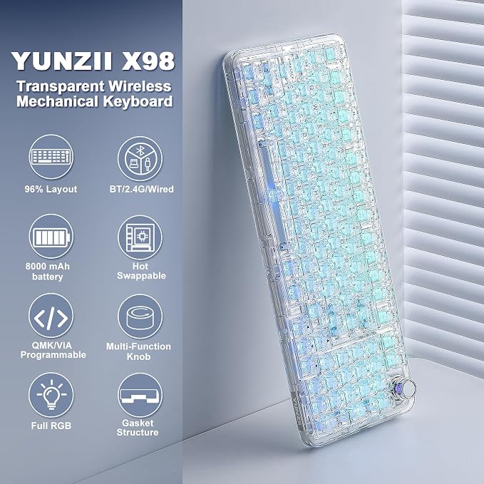 YUNZII X98 QMK/VIA Wireless Mechanical Gaming Keyboard with Knob,Tri-Mode BT5.0/USB-C/2.4GHz Hot Swappable Keyboard,Pre-lubed Switches Gasket Mount RGB Backlit for Wins/Mac (White, Crystal Switch)
