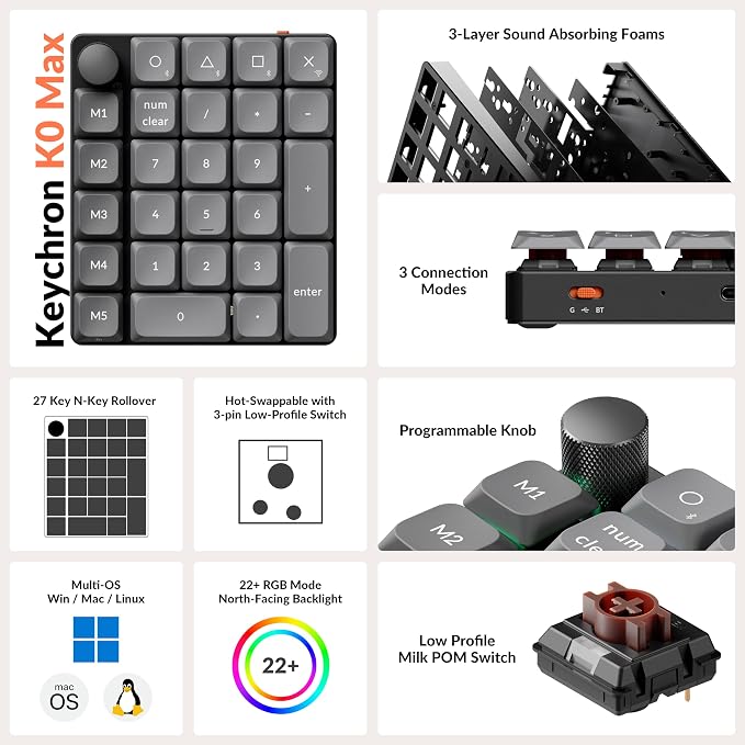 Keychron K0 Max Wireless Low-Profile Number Pad, QMK/VIA Programmable, Hot-Swappable Brown Switch, RGB Backlit, 2.4GHz & Bluetooth 5.3, 1000Hz Polling Rate, with Knob, for Windows/Mac