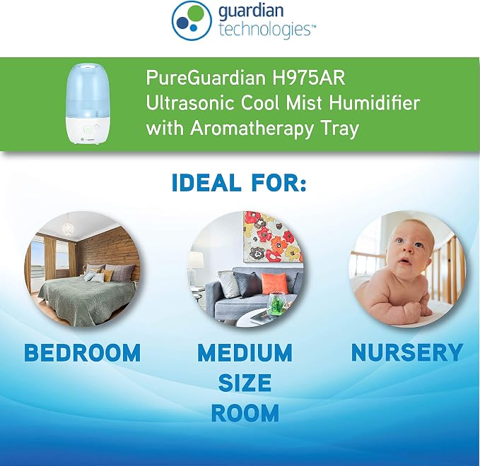 PureGuardian Ultrasonic Cool Mist Humidifier with Aromatherapy Tray, 70-Hour Run Time, 1-Gallon Tank Capacity, 320 Sq. Ft. Coverage for Small Rooms, Quiet Operation, H975AR