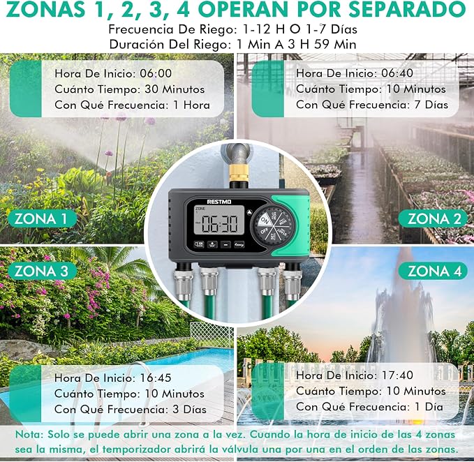 RESTMO 4-Zone Sprinkler Timer, Brass Inlet Programmable Water Timer for Garden Hose, Automatic Digital Irrigation with Manual ON/Off & Rain Delay for Lawn, Drip System & Outdoor Faucet
