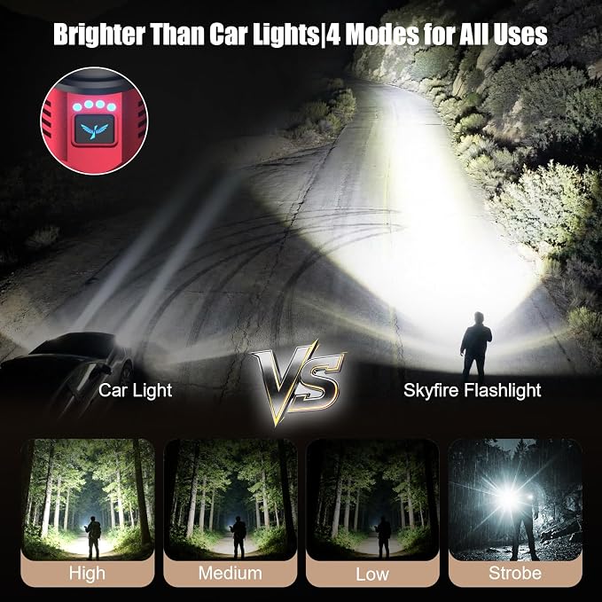 SKYFIRE Bright Flashlight with Ignition Lens&Yellow/Blue Light,3000lm Super Bright Rechargeable Flashlights High Lumens,Zoomable,Waterproof Tactical Flashlight for Camping,Outdoor &Gifts