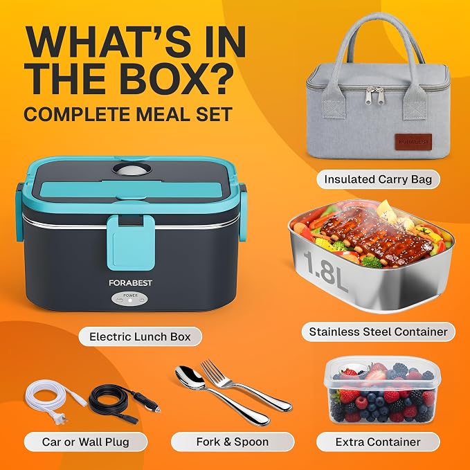 FORABEST Heated Lunch Box - 80W Electric Lunch Box for Adults - Portable Food Warmer - 1.8L Stainless Steel Containers, Carry Bag & Leakproof Lid - 12V/24V Car/Truck & 110/220V Home/Office - Navy Blue