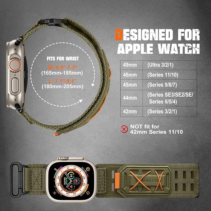 Bandletic Compatible with Apple Watch Ultra 2 Band for Men, Wide Tactical Military Nylon Rugged Sport Solo Loop for iWatch 49mm(Ultra 3/2/1),46mm(11/10),45mm(9/8/7),44mm(SE3/SE2/SE/6/5/4),42mm(3/2/1)