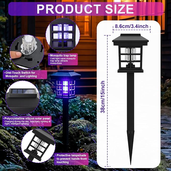 4 Pcs Solar Bug Zapper Outdoor Waterproof 2 in 1 Mosquito Zapper Solar Powered Mosquito Fly Trap Repellent Lamp Kills Bugs LED Lamp with White Purple Light for Garden Patio Yard Lawn (Black)