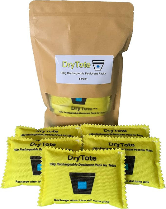 DryTote Rechargeable Desiccant Packs (5 Pack), Silica Gel Moisture Absorber for Storage Bins & Totes, Color-Change Indicator, 100g, Yellow