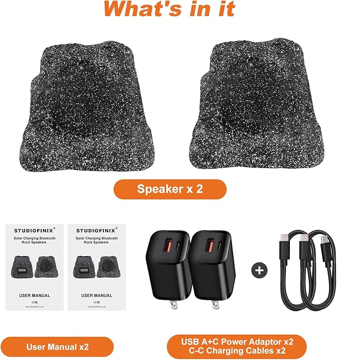 STUDIOFINIX 4" Rock Speakers Outdoor Waterproof - 5.3 Bluetooth Wireless Speaker Solar Powered Max Peak 160W for Garden,Patio,Deck,Pool,Backyard (Gray 1 Pair)