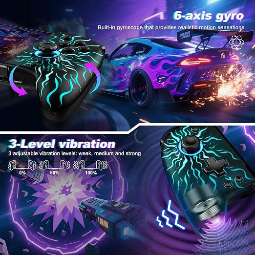 Gammeefy Switch Controller – Hall Effect Joysticks & Enhanced Grip – One Piece Switch Joypad Replacement Switch Pro Controller with 8-Color RGB Lighting, Turbo, Macros -Multi-Colored Sunburst, 6.2"/7"